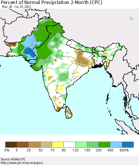 Southern Asia Percent of Normal Precipitation 2-Month (CPC) Thematic Map For 5/26/2023 - 7/25/2023