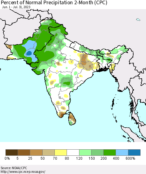 Southern Asia Percent of Normal Precipitation 2-Month (CPC) Thematic Map For 6/1/2023 - 7/31/2023