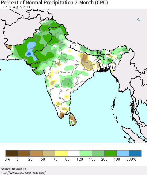 Southern Asia Percent of Normal Precipitation 2-Month (CPC) Thematic Map For 6/6/2023 - 8/5/2023