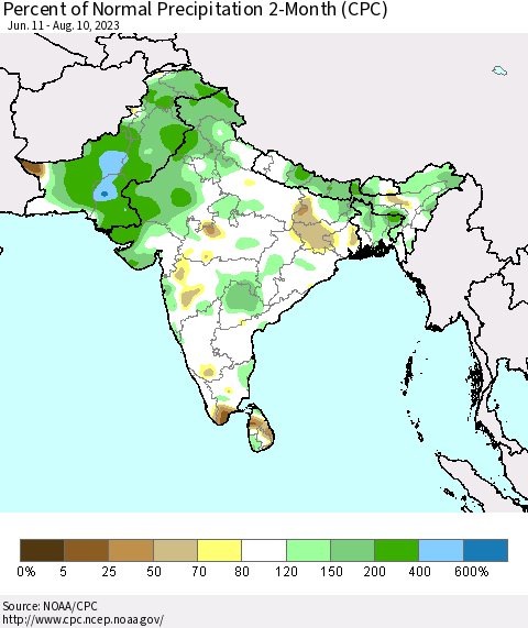 Southern Asia Percent of Normal Precipitation 2-Month (CPC) Thematic Map For 6/11/2023 - 8/10/2023