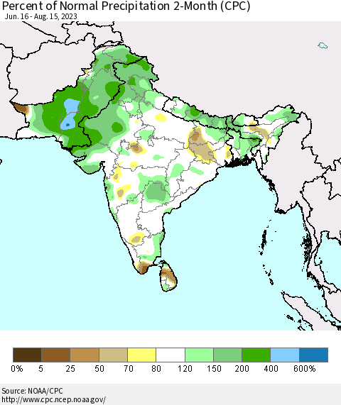 Southern Asia Percent of Normal Precipitation 2-Month (CPC) Thematic Map For 6/16/2023 - 8/15/2023