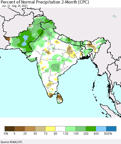 Southern Asia Percent of Normal Precipitation 2-Month (CPC) Thematic Map For 6/21/2023 - 8/20/2023