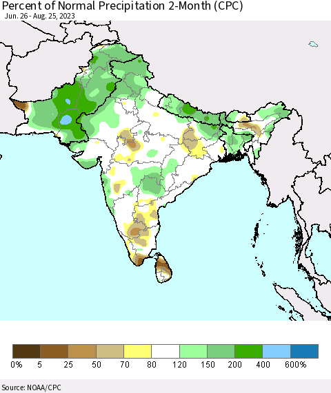 Southern Asia Percent of Normal Precipitation 2-Month (CPC) Thematic Map For 6/26/2023 - 8/25/2023
