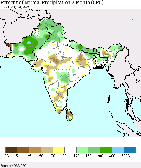 Southern Asia Percent of Normal Precipitation 2-Month (CPC) Thematic Map For 7/1/2023 - 8/31/2023