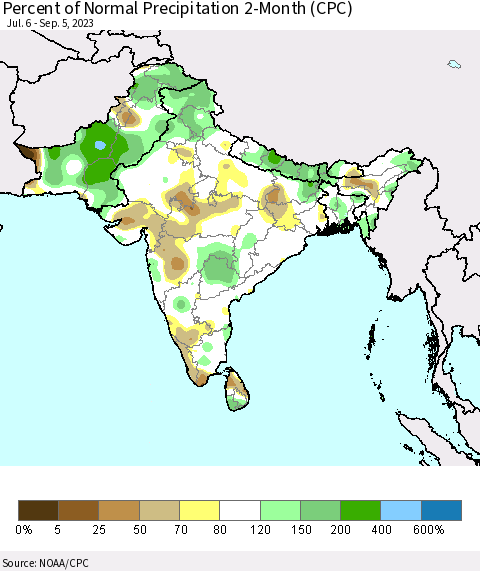 Southern Asia Percent of Normal Precipitation 2-Month (CPC) Thematic Map For 7/6/2023 - 9/5/2023