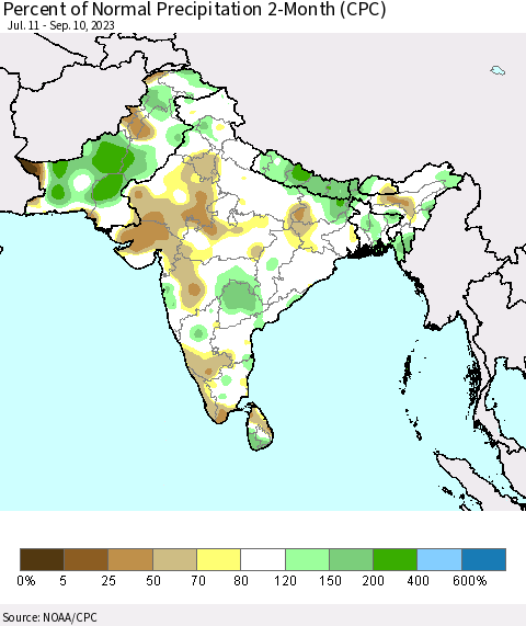 Southern Asia Percent of Normal Precipitation 2-Month (CPC) Thematic Map For 7/11/2023 - 9/10/2023