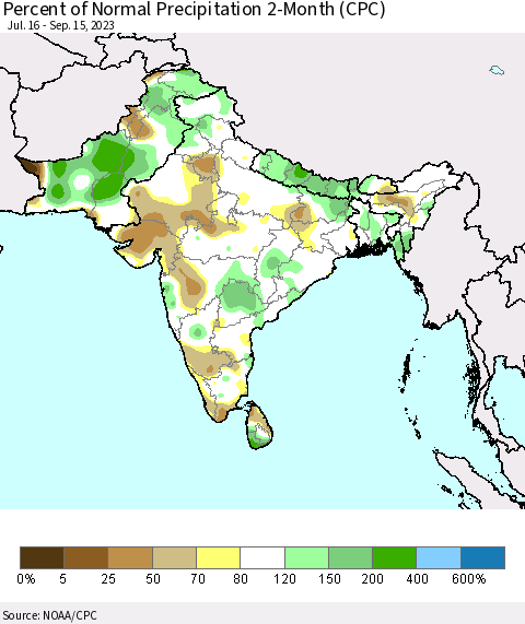 Southern Asia Percent of Normal Precipitation 2-Month (CPC) Thematic Map For 7/16/2023 - 9/15/2023