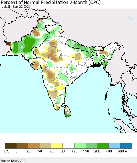 Southern Asia Percent of Normal Precipitation 2-Month (CPC) Thematic Map For 7/21/2023 - 9/20/2023