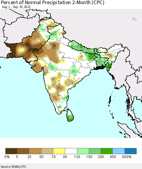Southern Asia Percent of Normal Precipitation 2-Month (CPC) Thematic Map For 8/1/2023 - 9/30/2023