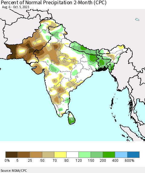 Southern Asia Percent of Normal Precipitation 2-Month (CPC) Thematic Map For 8/6/2023 - 10/5/2023