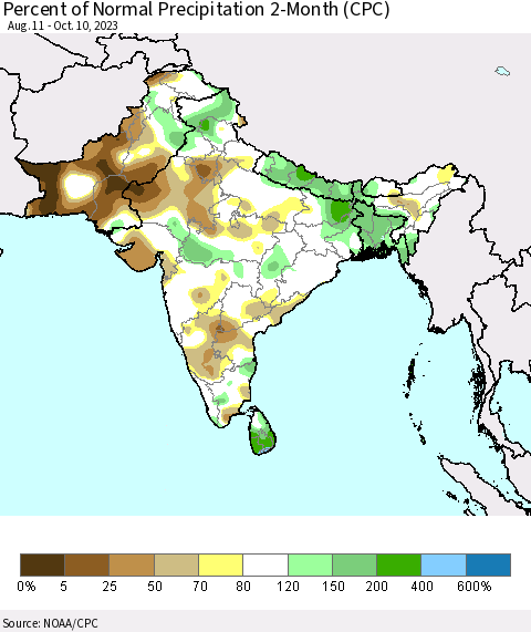 Southern Asia Percent of Normal Precipitation 2-Month (CPC) Thematic Map For 8/11/2023 - 10/10/2023