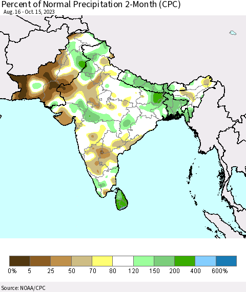 Southern Asia Percent of Normal Precipitation 2-Month (CPC) Thematic Map For 8/16/2023 - 10/15/2023