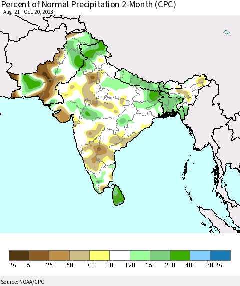 Southern Asia Percent of Normal Precipitation 2-Month (CPC) Thematic Map For 8/21/2023 - 10/20/2023