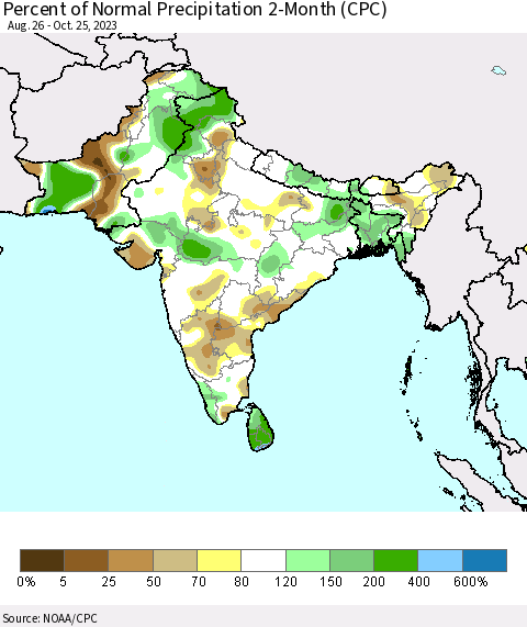 Southern Asia Percent of Normal Precipitation 2-Month (CPC) Thematic Map For 8/26/2023 - 10/25/2023