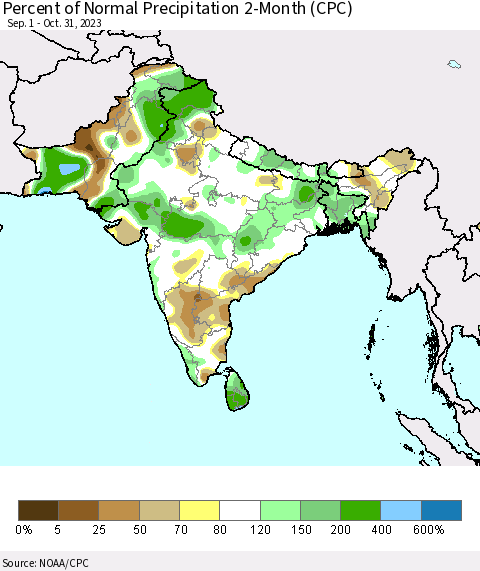 Southern Asia Percent of Normal Precipitation 2-Month (CPC) Thematic Map For 9/1/2023 - 10/31/2023