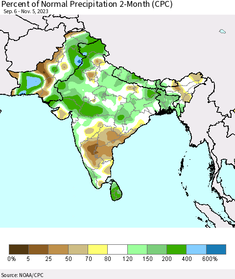 Southern Asia Percent of Normal Precipitation 2-Month (CPC) Thematic Map For 9/6/2023 - 11/5/2023