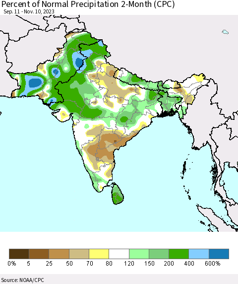 Southern Asia Percent of Normal Precipitation 2-Month (CPC) Thematic Map For 9/11/2023 - 11/10/2023