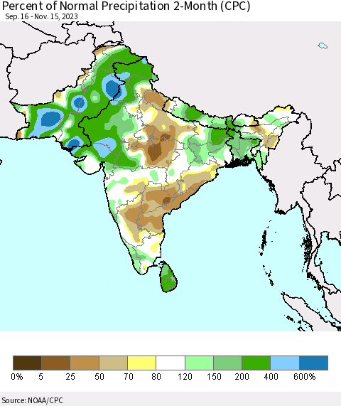 Southern Asia Percent of Normal Precipitation 2-Month (CPC) Thematic Map For 9/16/2023 - 11/15/2023