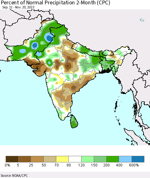 Southern Asia Percent of Normal Precipitation 2-Month (CPC) Thematic Map For 9/21/2023 - 11/20/2023