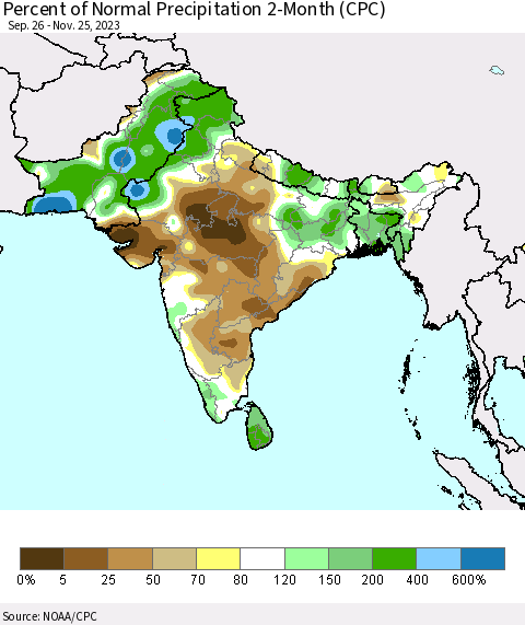 Southern Asia Percent of Normal Precipitation 2-Month (CPC) Thematic Map For 9/26/2023 - 11/25/2023