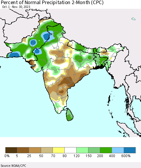 Southern Asia Percent of Normal Precipitation 2-Month (CPC) Thematic Map For 10/1/2023 - 11/30/2023