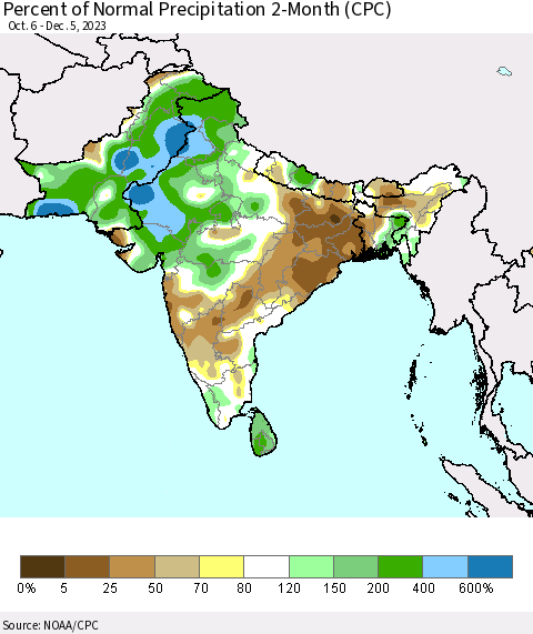 Southern Asia Percent of Normal Precipitation 2-Month (CPC) Thematic Map For 10/6/2023 - 12/5/2023