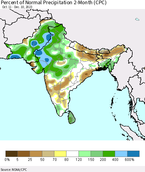 Southern Asia Percent of Normal Precipitation 2-Month (CPC) Thematic Map For 10/11/2023 - 12/10/2023