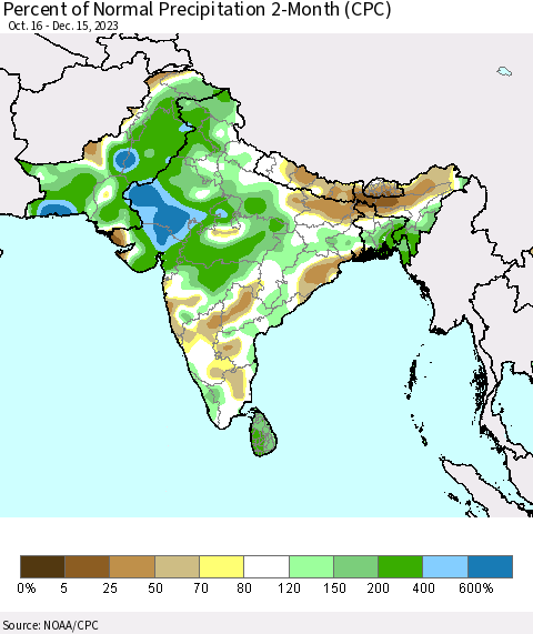 Southern Asia Percent of Normal Precipitation 2-Month (CPC) Thematic Map For 10/16/2023 - 12/15/2023