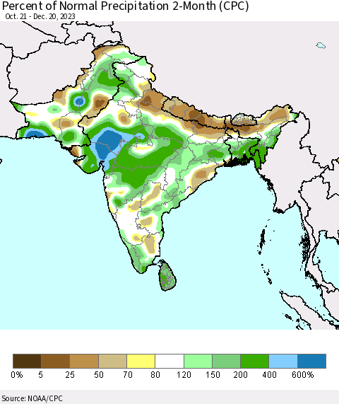 Southern Asia Percent of Normal Precipitation 2-Month (CPC) Thematic Map For 10/21/2023 - 12/20/2023