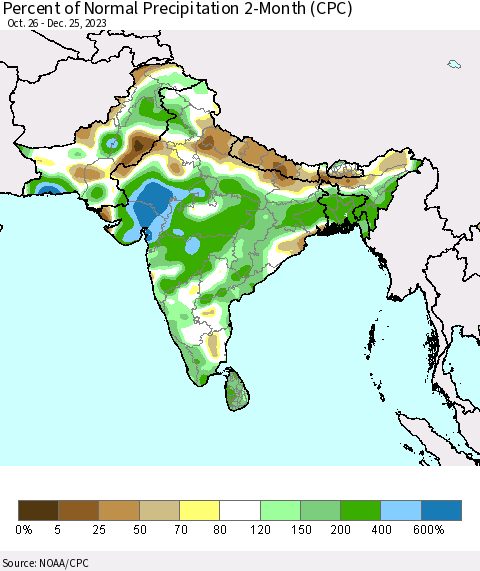 Southern Asia Percent of Normal Precipitation 2-Month (CPC) Thematic Map For 10/26/2023 - 12/25/2023