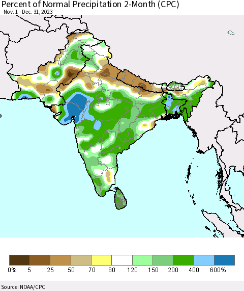 Southern Asia Percent of Normal Precipitation 2-Month (CPC) Thematic Map For 11/1/2023 - 12/31/2023