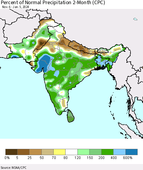 Southern Asia Percent of Normal Precipitation 2-Month (CPC) Thematic Map For 11/6/2023 - 1/5/2024