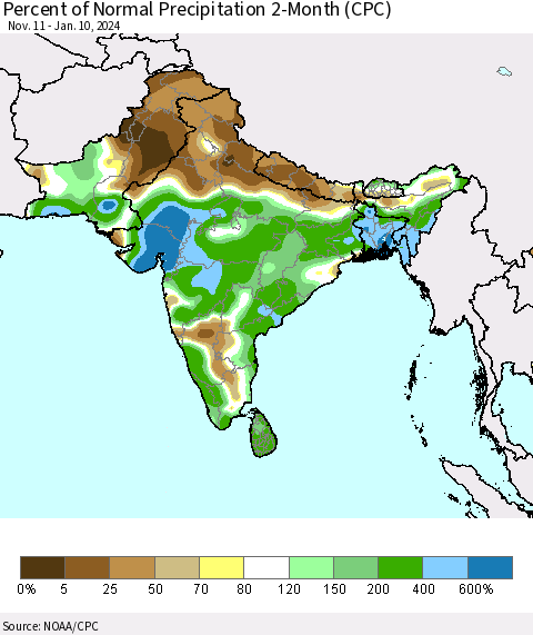 Southern Asia Percent of Normal Precipitation 2-Month (CPC) Thematic Map For 11/11/2023 - 1/10/2024