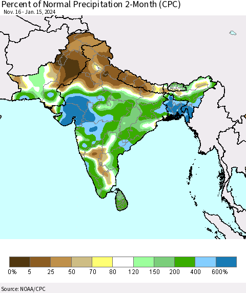 Southern Asia Percent of Normal Precipitation 2-Month (CPC) Thematic Map For 11/16/2023 - 1/15/2024