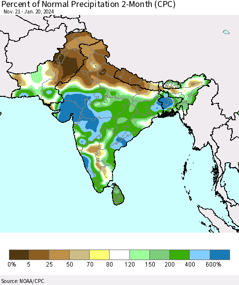 Southern Asia Percent of Normal Precipitation 2-Month (CPC) Thematic Map For 11/21/2023 - 1/20/2024