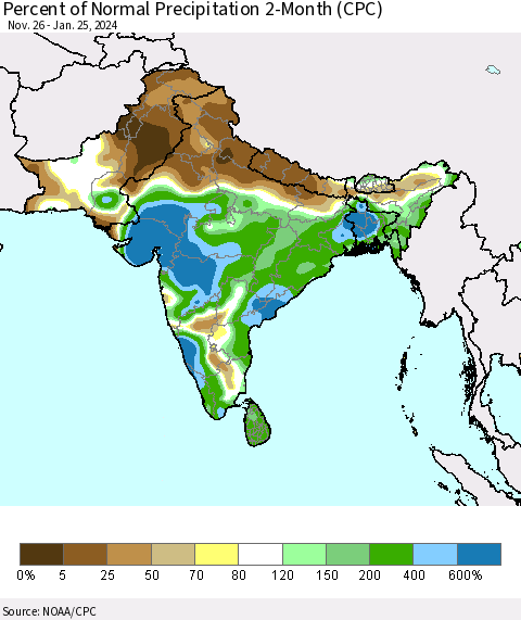 Southern Asia Percent of Normal Precipitation 2-Month (CPC) Thematic Map For 11/26/2023 - 1/25/2024