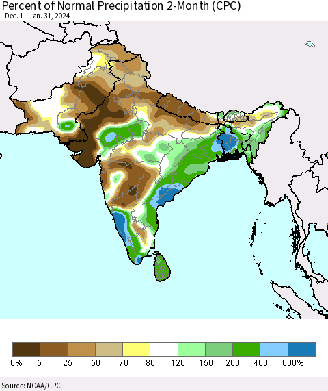 Southern Asia Percent of Normal Precipitation 2-Month (CPC) Thematic Map For 12/1/2023 - 1/31/2024