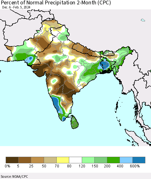 Southern Asia Percent of Normal Precipitation 2-Month (CPC) Thematic Map For 12/6/2023 - 2/5/2024