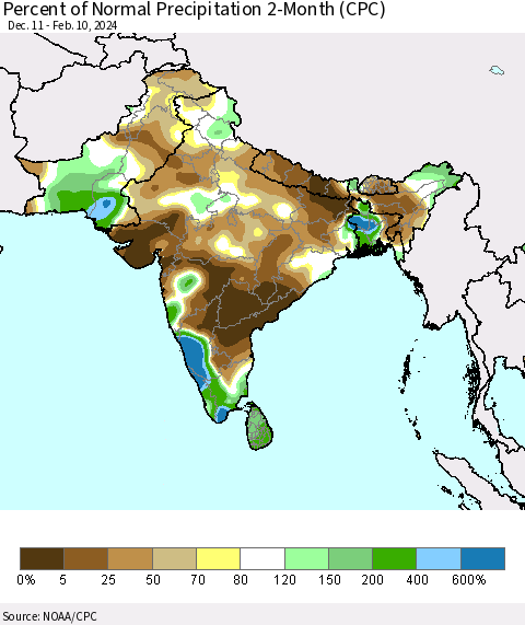 Southern Asia Percent of Normal Precipitation 2-Month (CPC) Thematic Map For 12/11/2023 - 2/10/2024