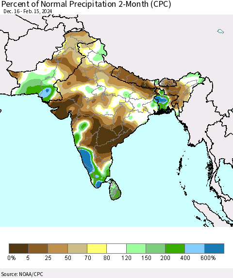 Southern Asia Percent of Normal Precipitation 2-Month (CPC) Thematic Map For 12/16/2023 - 2/15/2024