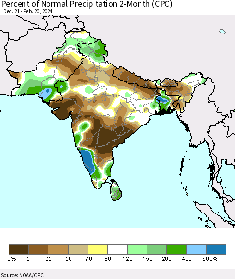 Southern Asia Percent of Normal Precipitation 2-Month (CPC) Thematic Map For 12/21/2023 - 2/20/2024