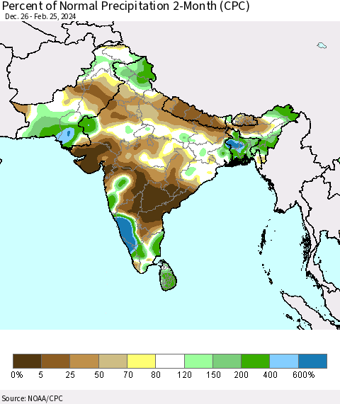 Southern Asia Percent of Normal Precipitation 2-Month (CPC) Thematic Map For 12/26/2023 - 2/25/2024