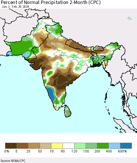 Southern Asia Percent of Normal Precipitation 2-Month (CPC) Thematic Map For 1/1/2024 - 2/29/2024