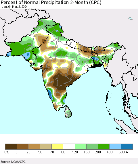 Southern Asia Percent of Normal Precipitation 2-Month (CPC) Thematic Map For 1/6/2024 - 3/5/2024