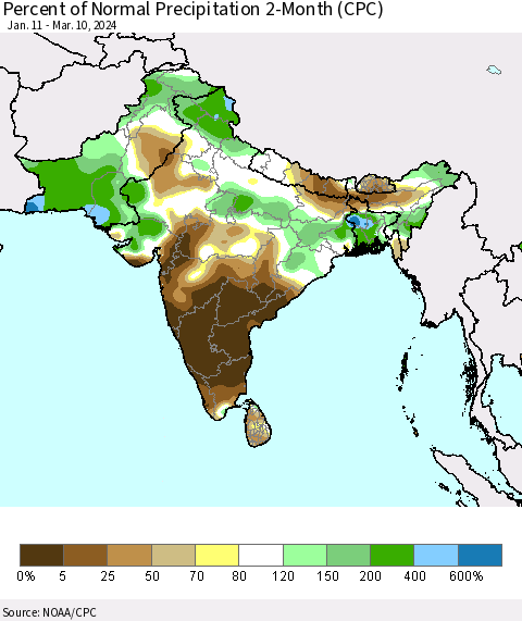 Southern Asia Percent of Normal Precipitation 2-Month (CPC) Thematic Map For 1/11/2024 - 3/10/2024