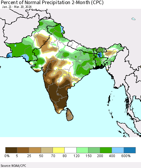 Southern Asia Percent of Normal Precipitation 2-Month (CPC) Thematic Map For 1/21/2024 - 3/20/2024