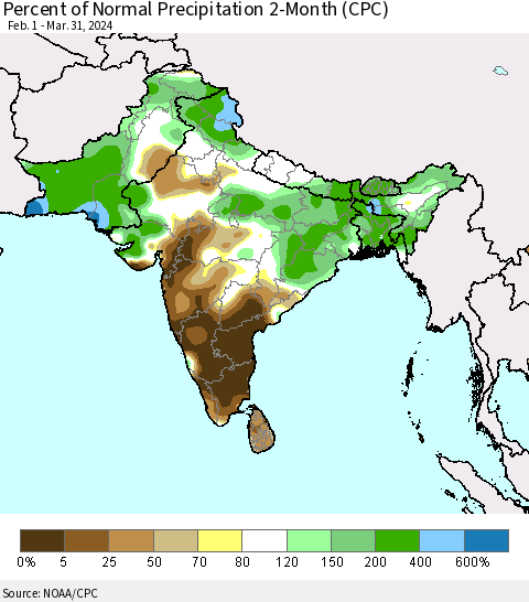 Southern Asia Percent of Normal Precipitation 2-Month (CPC) Thematic Map For 2/1/2024 - 3/31/2024