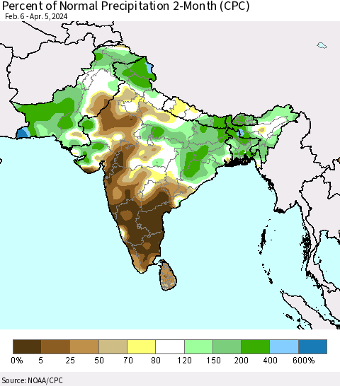 Southern Asia Percent of Normal Precipitation 2-Month (CPC) Thematic Map For 2/6/2024 - 4/5/2024