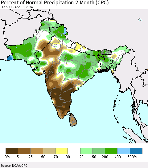 Southern Asia Percent of Normal Precipitation 2-Month (CPC) Thematic Map For 2/11/2024 - 4/10/2024