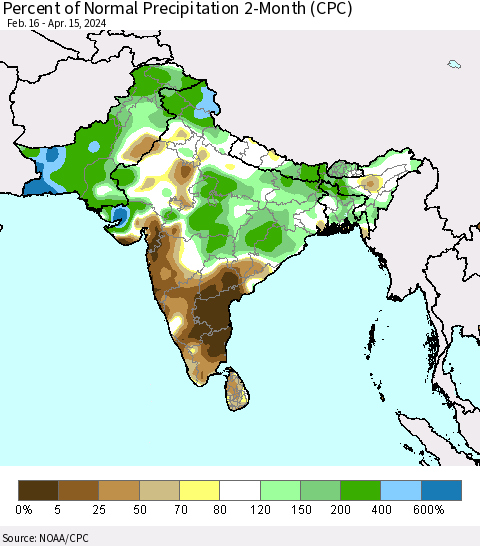 Southern Asia Percent of Normal Precipitation 2-Month (CPC) Thematic Map For 2/16/2024 - 4/15/2024